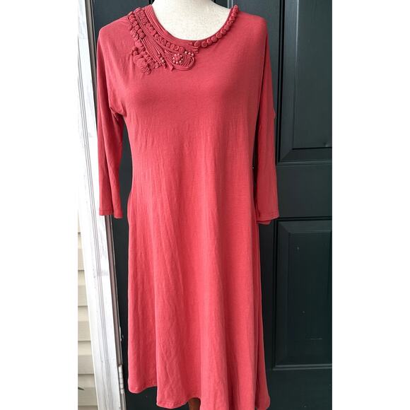 Garnet Hill Sz M Terracotta Dress w/ Embellished Neckline and Asymmetrical Hem - Picture 1 of 7